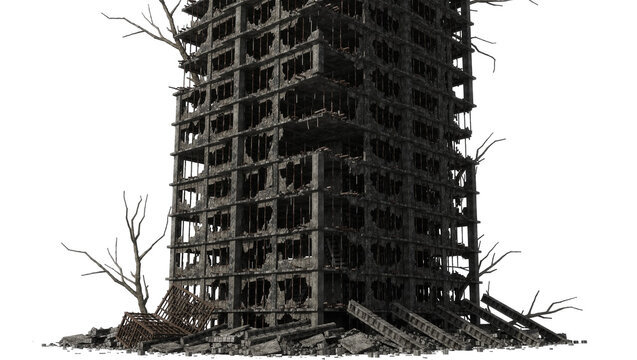 Destroyed concrete high-rise building with broken windows and debris, isolated on transparent background