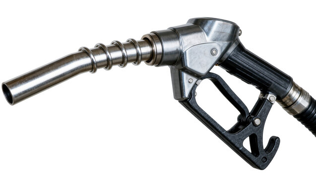 Metal and black plastic fuel nozzle with spring, isolated on transparent background