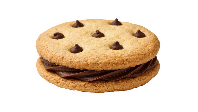 Two golden brown chocolate chip cookies filled with rich dark chocolate frosting, isolated on transparent background