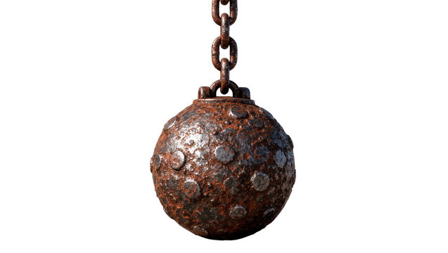Rusty wrecking ball with metal studs, isolated on transparent background