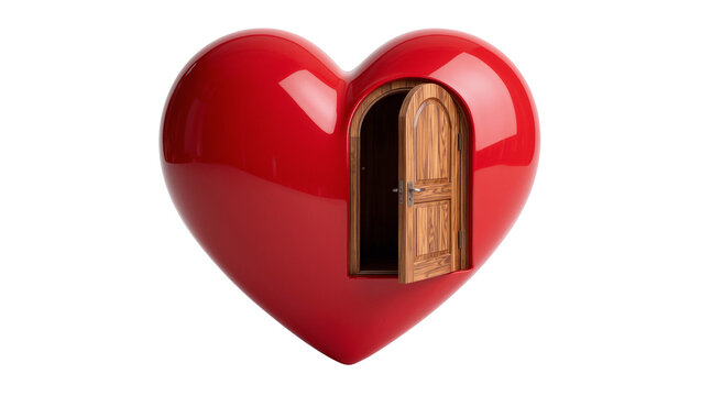 Shiny red heart shape with open wooden door, isolated on transparent background