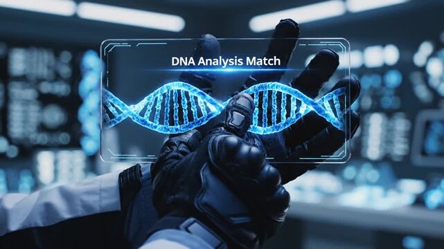 Futuristic gloved hand holding holographic DNA analysis match display