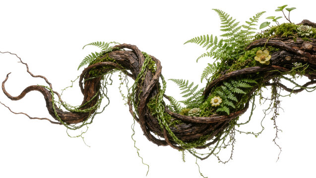 Twisted jungle vine with moss and ferns, isolated on transparent background