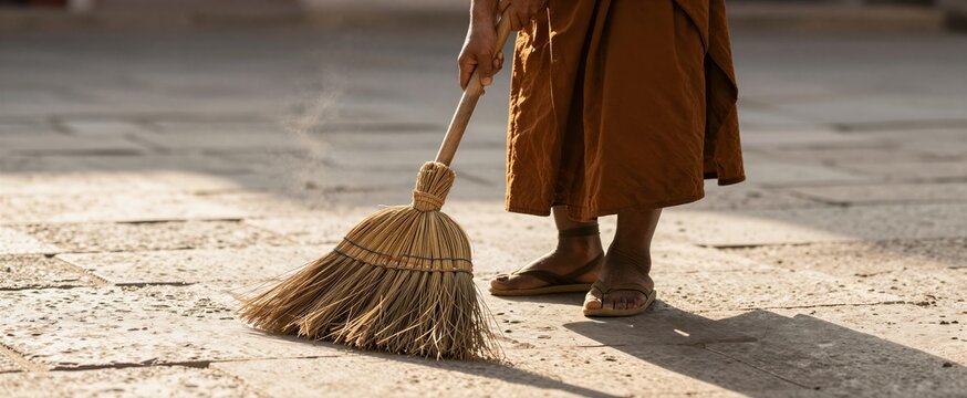 Captures Moment Of Daily Life With Individual Engaged In Act Sweeping Main Subject Partially Shown From Behind Focusing On Lower Body