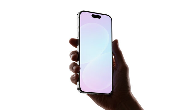 Dark skinned hand holding modern smartphone with pastel gradient screen, isolated on transparent background