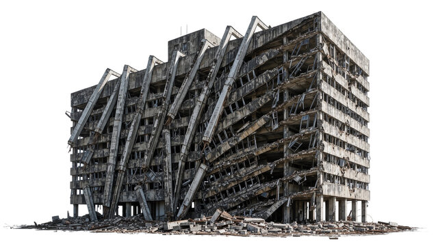 Collapsed concrete brutalist apartment building with broken windows, isolated on transparent background