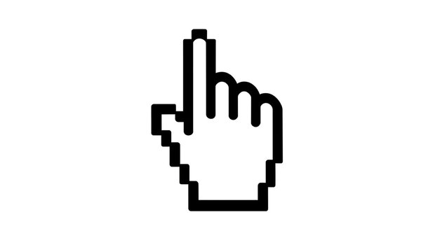 Pixelated black hand cursor pointing upwards, isolated on transparent background