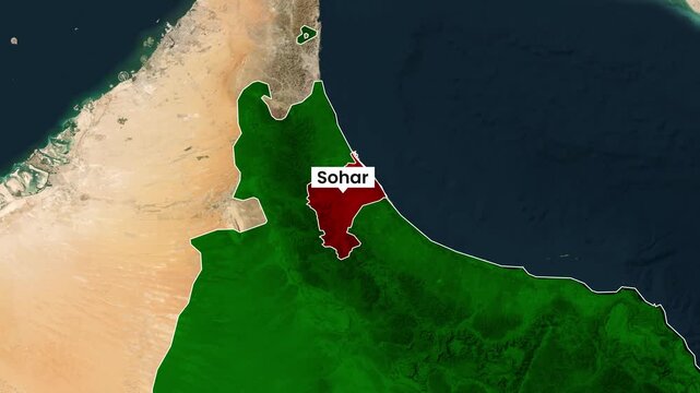 Oman region of Sohar highlighted on satellite map animation motion footage