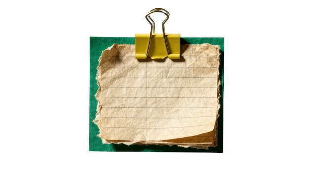 Torn lined paper note held by yellow binder clip on green card, isolated on transparent background