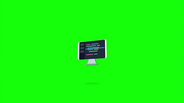 Floating 3d monitor displaying programming code 3d isometric minimalist animation for software engineering web development on green screen chroma key