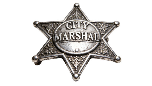Antique silver six-pointed star City Marshal badge with ornate details, isolated on transparent background