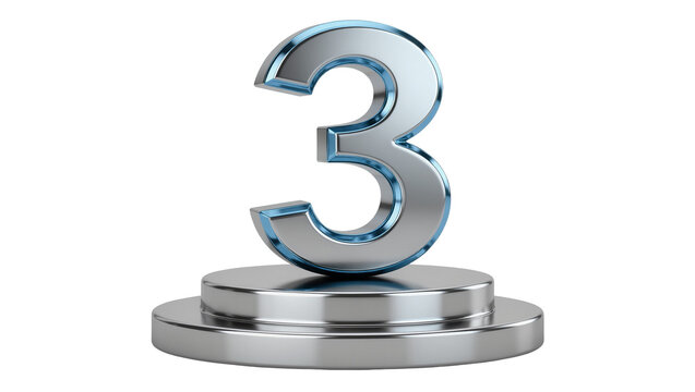 Shiny metallic number 3 with blue trim on a silver pedestal, isolated on transparent background