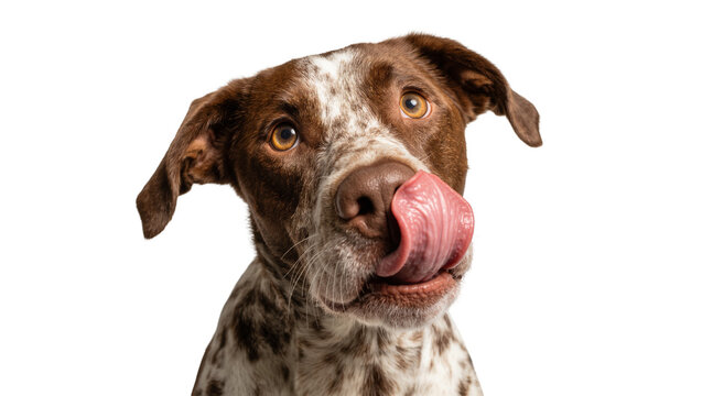 Brown and white spotted dog licking its nose, isolated on transparent background