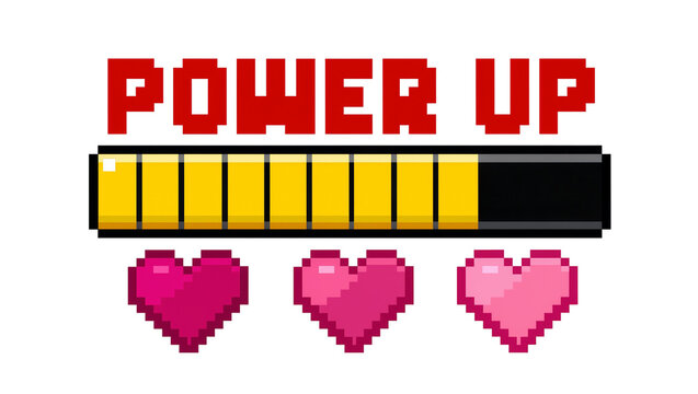Pixelated red POWER UP text with yellow loading bar and hearts, isolated on transparent background
