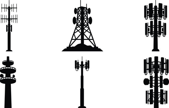 Set of black silhouettes featuring cell towers, telecommunication masts, and mobile network antennas
