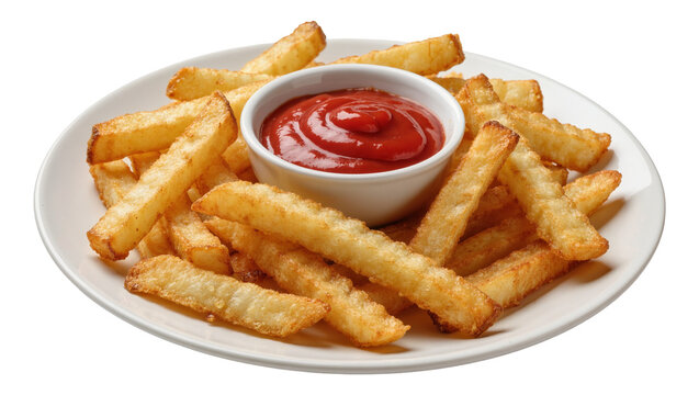 Golden french fries served with ketchup in a white bowl, isolated on transparent background