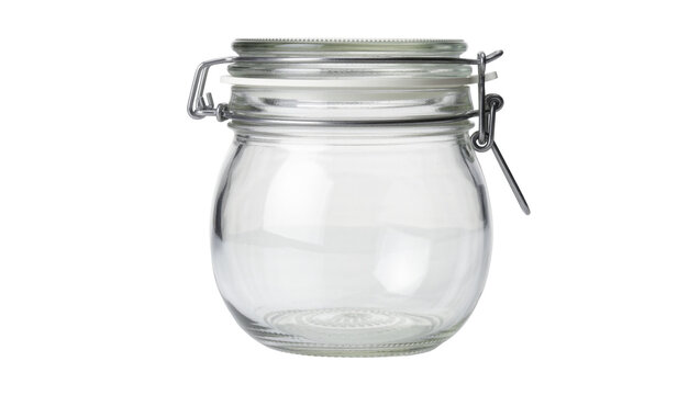 Clear glass preserving jar with metal clasp lid, isolated on transparent background