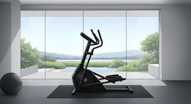 Modern exercise equipment in a contemporary home gym with a scenic outdoor view. A black elliptical trainer sits on a mat in a spacious room with large windows showcasing a serene landscape.