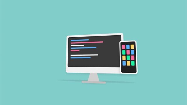 Computer monitor and smartphone displaying coding software flat illustration 2d minimalist design for web development and programming services promotion