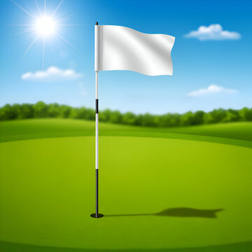 Golf course hole with flag in a sunny landscape. Blank white flagpole on a green golf course with out of focus scenery.