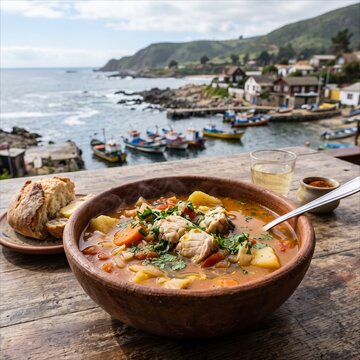 Bowl of Chilean caldillo de congrio fish soup served by the seaside