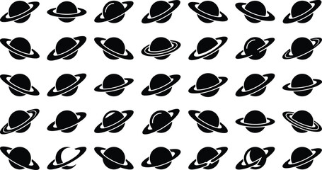 Planet and Saturn 35 Solid Icons Set, Ringed Planets, Space, Astronomy, Solar System, Cosmic Objects and Outer Space Symbols © Subas