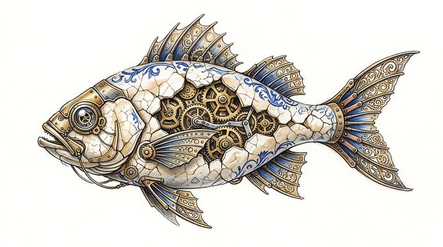 Mechanical fish with gears and blue patterns