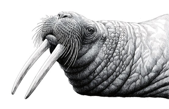 Walrus with long white tusks on natural background