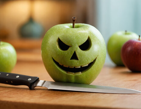 Green Apple with smiling face like the pumpkin for Halloween festival Decorative with carve fruits.