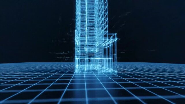 Futuristic Blue Wireframe Building Blueprint on Digital Grid Floor