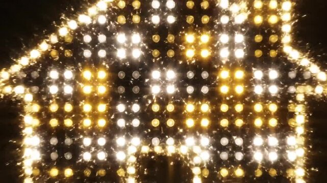 Glowing house symbol made of bright lights on dark background