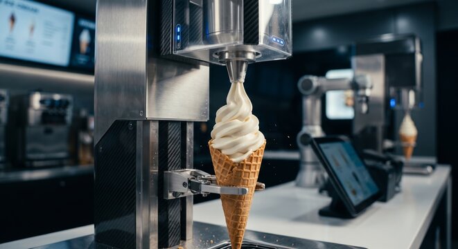 Automated robotic machine dispensing soft serve ice cream into a waffle cone in a commercial shop