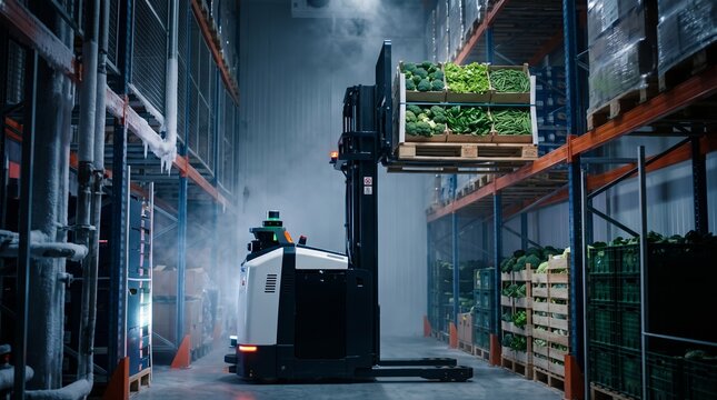 Autonomous robotic forklift carrying wooden pallets with fresh plants and goods inside a modern smart warehouse