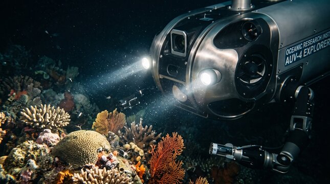 Underwater autonomous exploration robot drone with searchlights exploring deep ocean coral reef environment