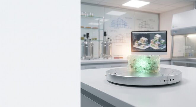 Premium still life of a glowing futuristic eco-brick sample in an architectural materials laboratory