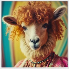 Fototapeta premium Alpaca with Curly Orange Hair and Ethnic Jewelry
