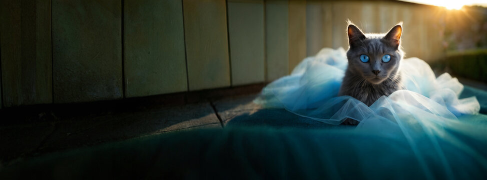 Grey Cat in Blue Tulle Dress Wide Horizontal Banner