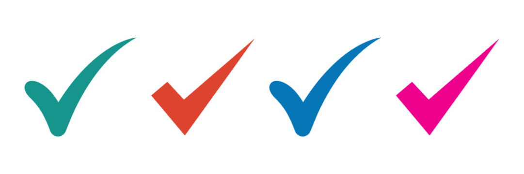 Collection of vibrant check mark symbols designed for status updates and task management interfaces. Essential visual elements for confirming actions and validation.