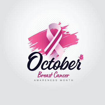 October Breast Cancer Awareness Month Pink Ribbon Brush Stroke Poster Design