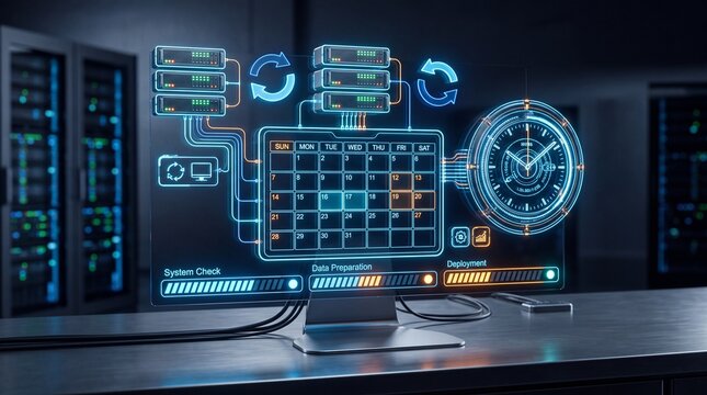 Digital server interface showing automated scheduling and data flow