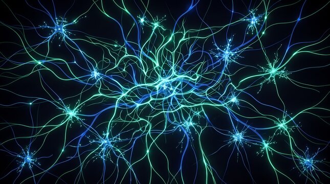 abstract illustration of glowing neural network brain wave pathways featuring interconnected synapses and axons in vibrant blue and green light against a dark background.