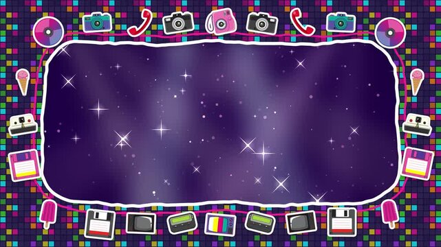 Retro Arcade Pixel Art Frame Loop with Sparkling Purple Space Background