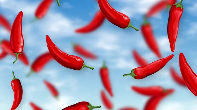 Red Chili Peppers Falling Through a Bright Blue Sky with Clouds