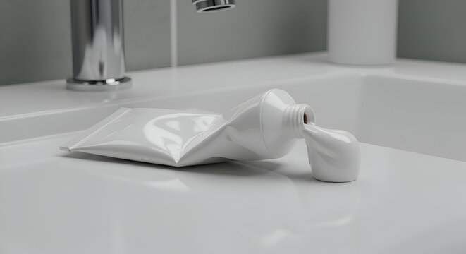 Empty toothpaste tube on a white bathroom sink countertop. A used toothpaste tube is situated on a clean, white bathroom sink with a chrome faucet in the background.