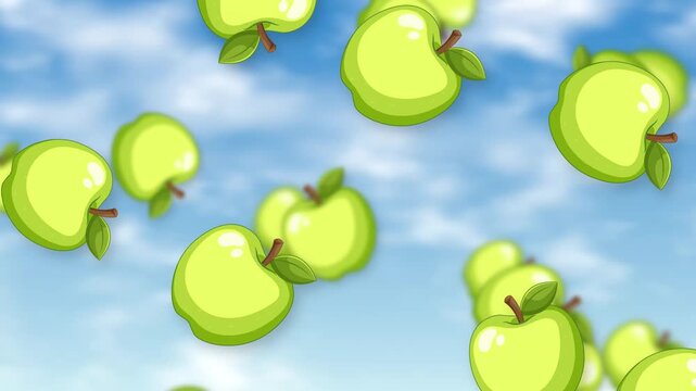 Animated Green Apples Falling Downwards Against a Blue Sky Background
