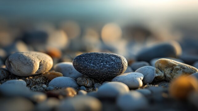 Close-up of smooth river rocks on a sunlit shore. Ideal background for relaxation and nature wellness concepts.
