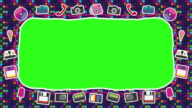 Retro Pixel Arcade Doodle Border Frame on Chroma Green Screen