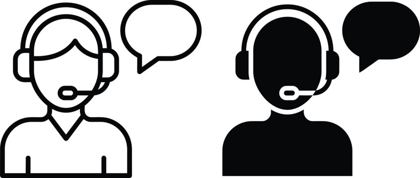 Customer support representative icon with headset and speech bubble black and white