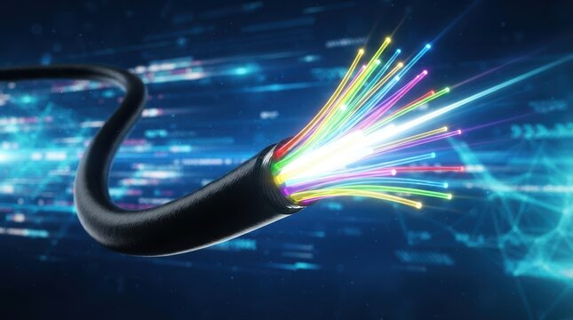 Fiber optic cable with glowing colorful light strands
