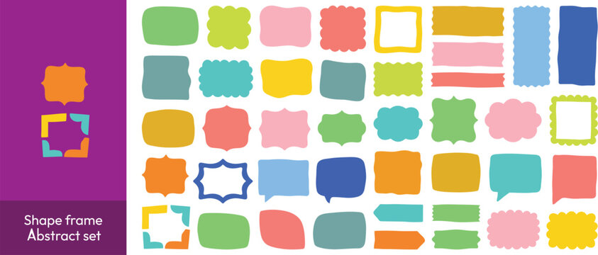 Shape frame irregular abstract set. Hand drawn shape frame irregular abstract rectangle banner organic paint line. Sticker paper collage textbox speech bubble cute background. Vector illustration